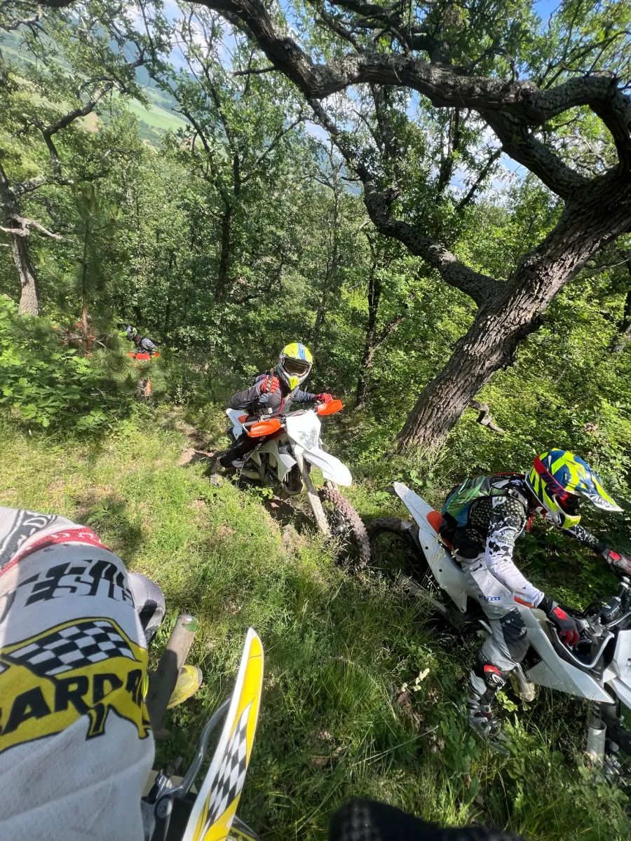 Groupe en file sur un single forestier, vue pilote