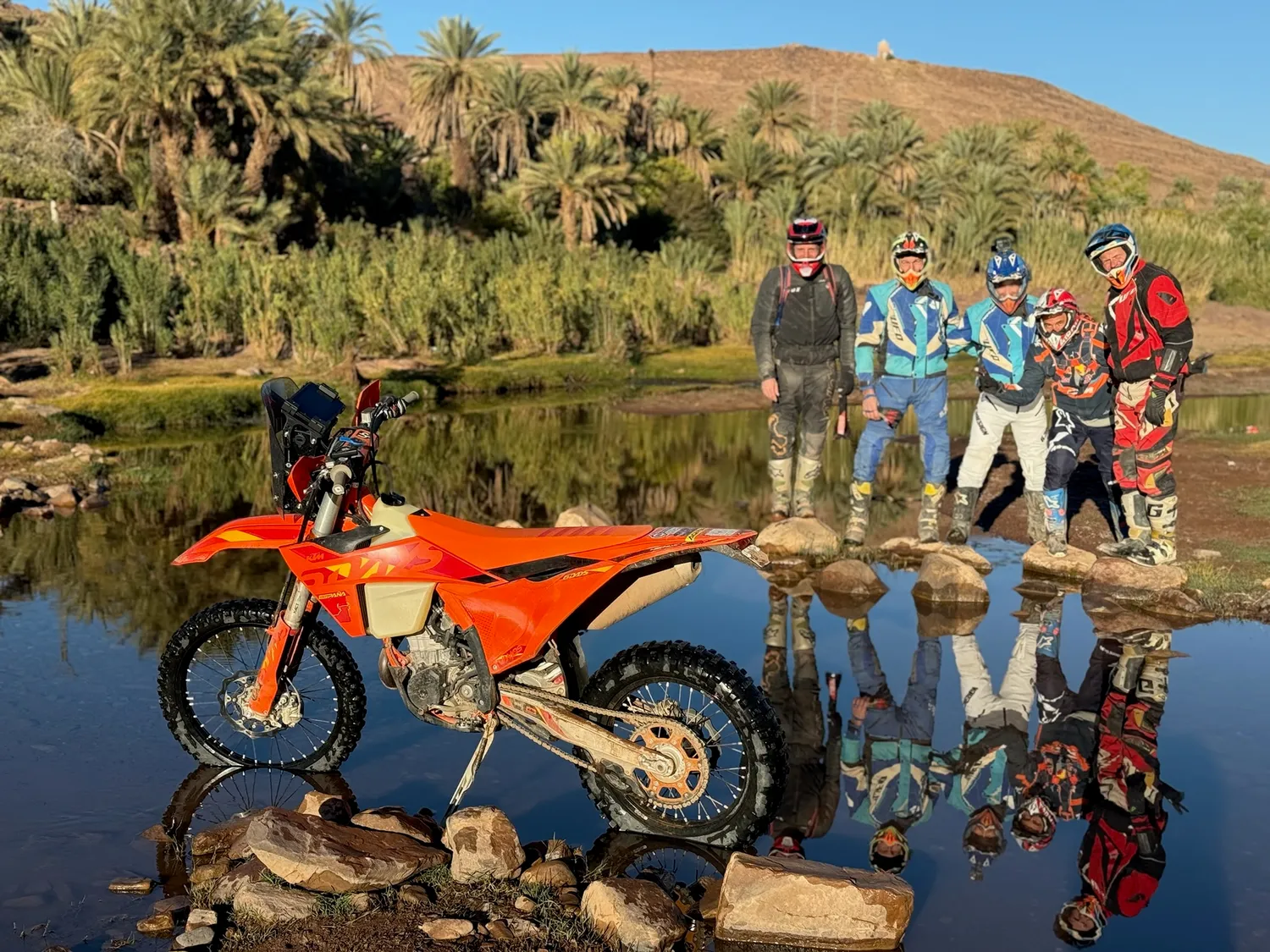 KTM posée devant une oasis, reflet dans l'eau et palmeraie