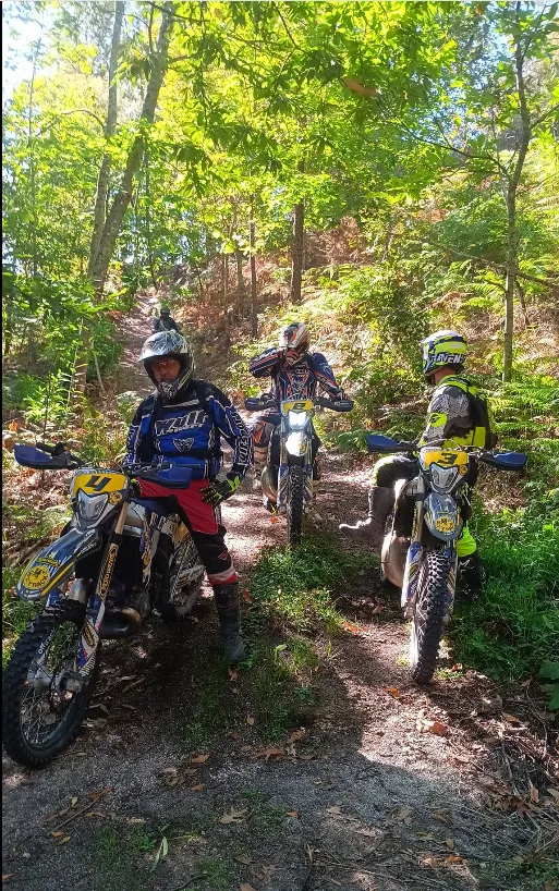 Groupe de pilotes sur une piste en forêt